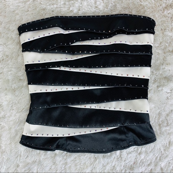 Tops - Black &White Rhinestoned Corset Sz Medium Stretch